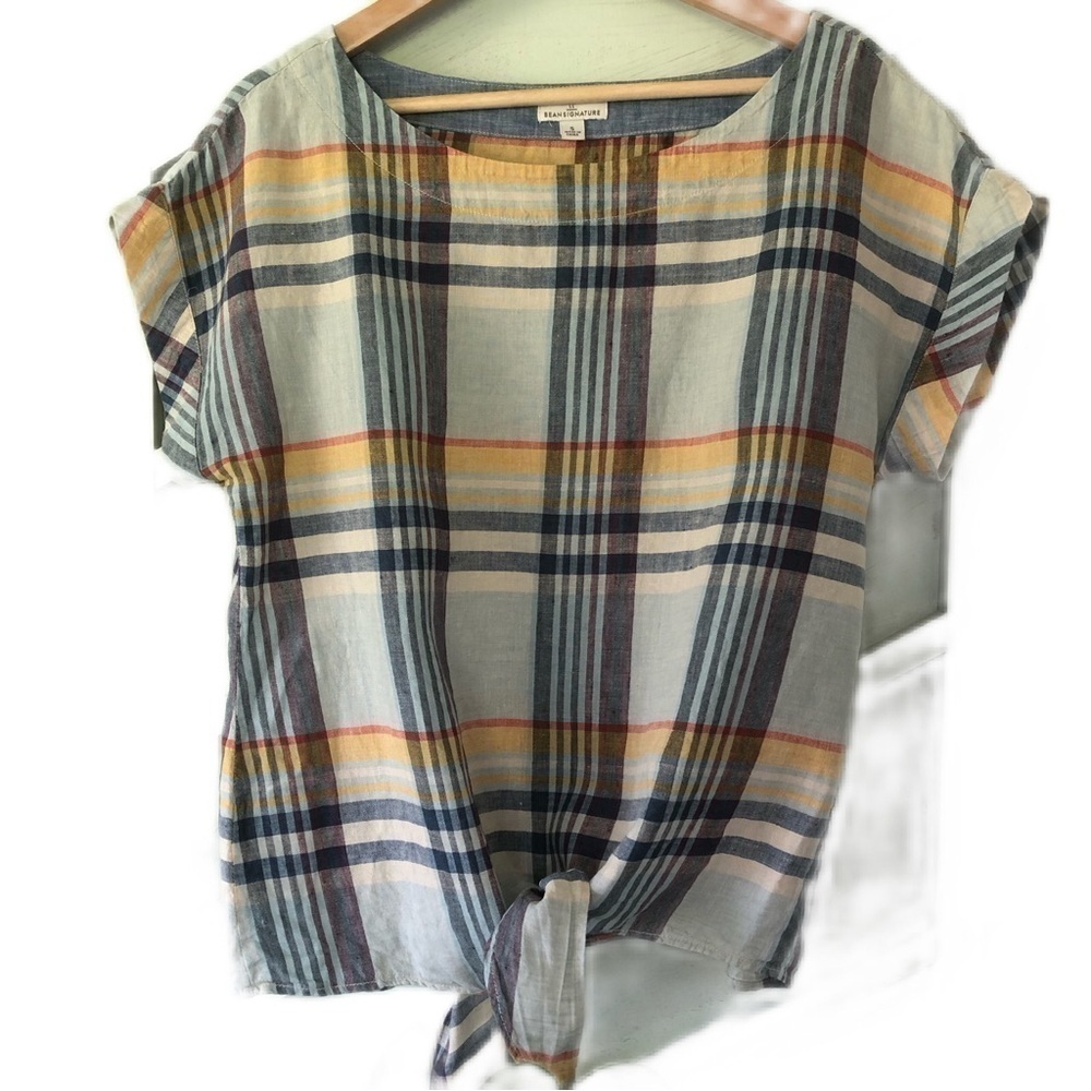 LL Bean Signature %100 Linen plaid front tie shirt